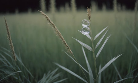 Water drop on the grass in the meadow. Nature background.の写真素材