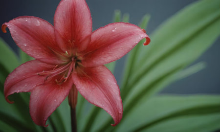 beautiful red lily with water drops on petals close upの写真素材
