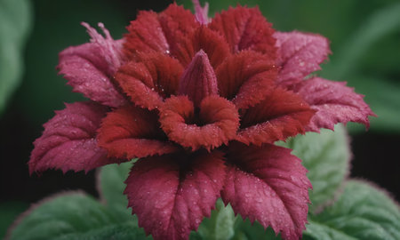 Close up of a red flower with water droplets on the petalsの写真素材