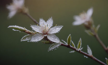 Close-up of white cherry blossom with water droplets on petalsの写真素材