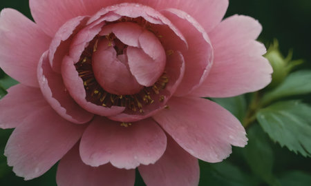 pink peony flower closeup with water drops on petalsの写真素材
