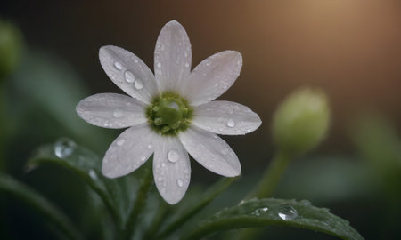 Beautiful white wood anemone flower with water drops in the morning.の写真素材