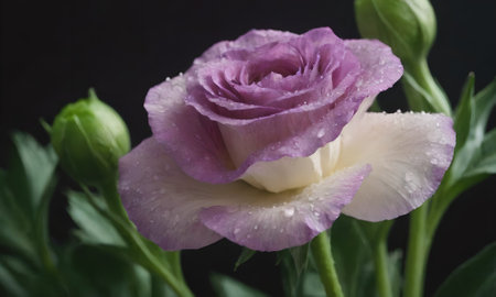 purple and white eustoma with water drops on black backgroundの写真素材
