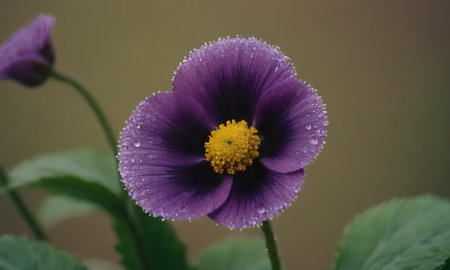 Purple anemone flower with water droplets on petalsの写真素材