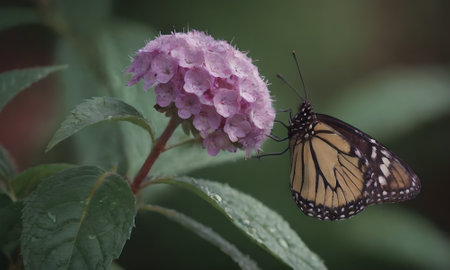Butterfly on a pink hydrangea flower in the gardenの写真素材