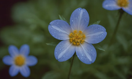 Blue anemone flowers with raindrops on the petals.の写真素材