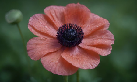 Close up of red poppy flower with water droplets on petalsの写真素材