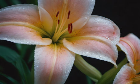 Lily flower with water droplets on petals close-upの写真素材