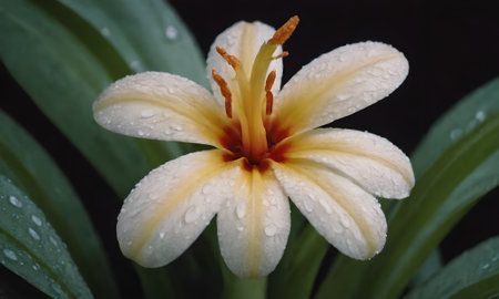 White lily with raindrops on the petals close-upの写真素材