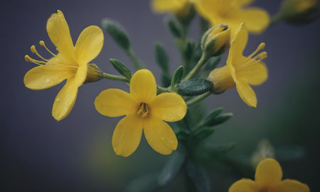 Yellow flowers in the garden. Shallow depth of field. Toned.の写真素材