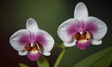 White and pink orchids on a dark background, close-upの写真素材