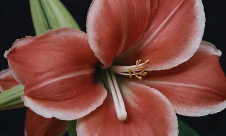 Close up of a beautiful red lily flower on a dark backgroundの写真素材