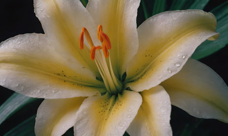 Yellow lily with raindrops on the petals close-upの写真素材