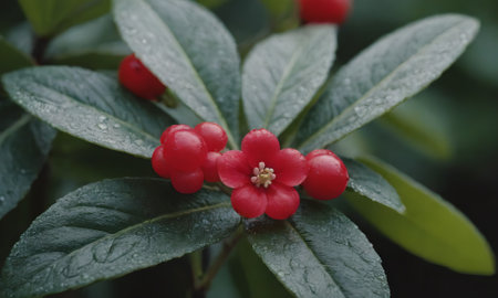Camellia japonica shrub with red flowers.の写真素材