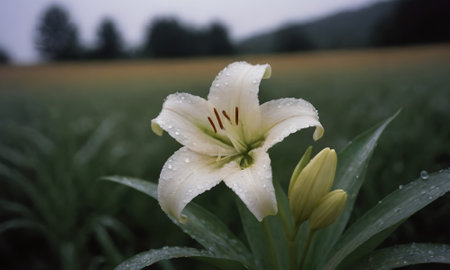White lily flower with raindrops on the petals in the fieldの写真素材