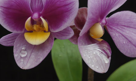Purple orchid with water droplets on the petals.の写真素材