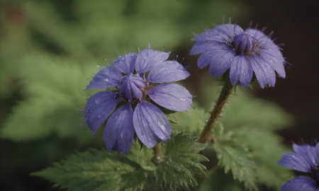 Purple flowers in the forest. Shallow depth of field.の写真素材