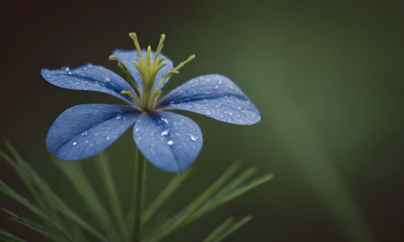 Blue flower with water drops on the petals. Shallow depth of fieldの写真素材