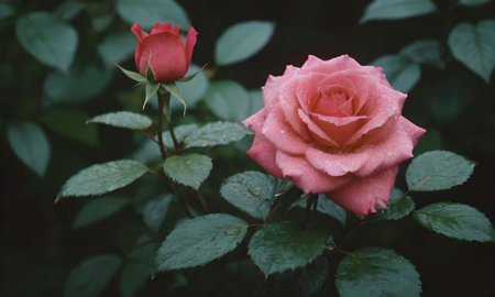 Beautiful pink rose with green leaves in the garden. Vintage style.の写真素材