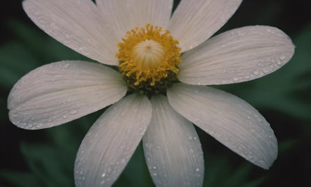 Close up of white flower with raindrops on the petals.の写真素材