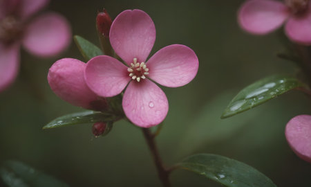 Beautiful pink flowers with raindrops in the garden. Selective focus.