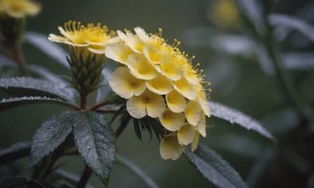 Yellow flowers in the garden in the rain. Selective focus.の写真素材