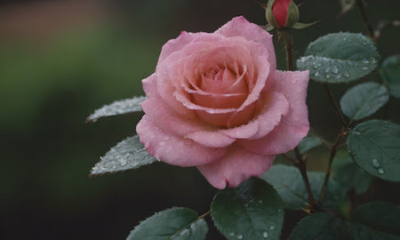 Pink rose with water drops on its petals after the rain.の写真素材