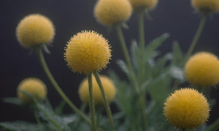 yellow flowers on black background, macro photo with shallow depth of fieldの写真素材