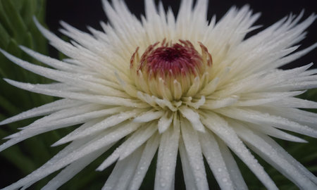 Close up of white aster flower with dew drops on petalsの写真素材