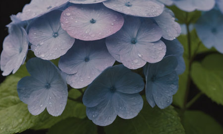 Hydrangea macrophylla with water drops. Close up.の写真素材