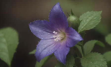 Purple flower of Platycodon grandiflorus with raindropsの写真素材