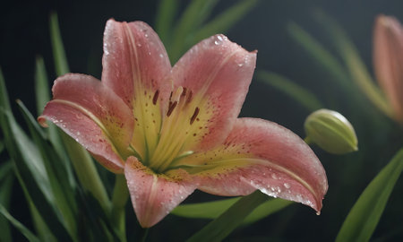 Lily flower with water droplets on petals and green leavesの写真素材