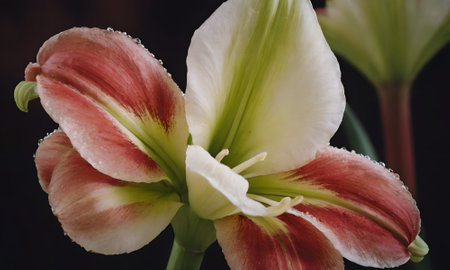 Close up of a red and white lily with water dropletsの写真素材