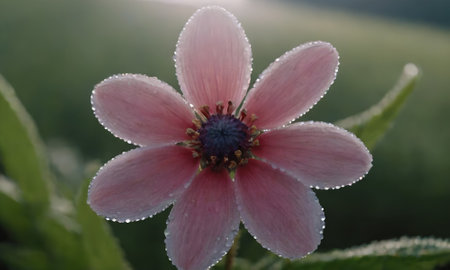 pink flower with dew drops on the petals after the rainの写真素材