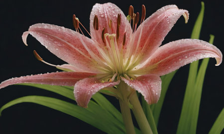 Pink lily with water drops on the petals, black backgroundの写真素材