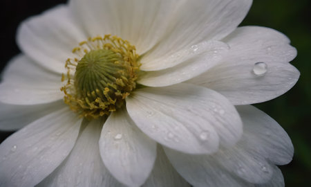 White flower with water drops on the petals. Close up.の写真素材