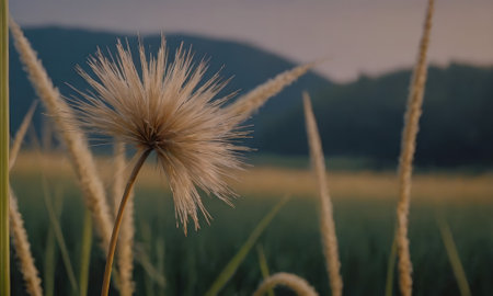 Dandelion flower in the field at sunset, soft focus.の写真素材