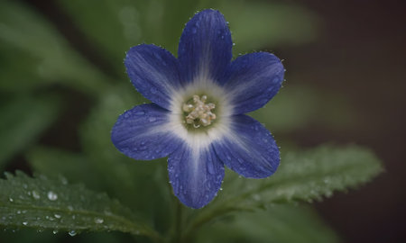 Close up of blue flower with water drops on the petals.の写真素材