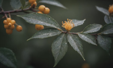 Branch with yellow flowers and green leaves, close-up.の写真素材