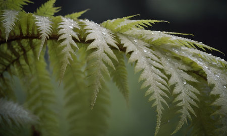 Close up of fern leaves with water droplets on it.の写真素材