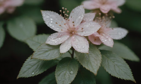 Beautiful pink flowers with raindrops on the leaves of a bushの写真素材