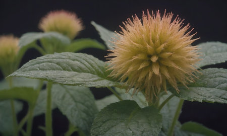 Flower of a plant with green leaves and a yellow flower.の写真素材