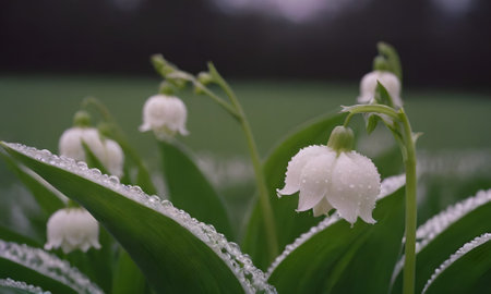 Lily of the Valley, Convallaria majalis, in raindropsの写真素材