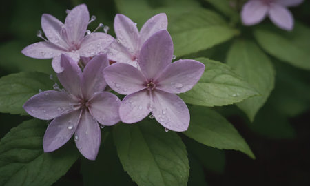 Purple flowers with raindrops on the petals and green leavesの写真素材