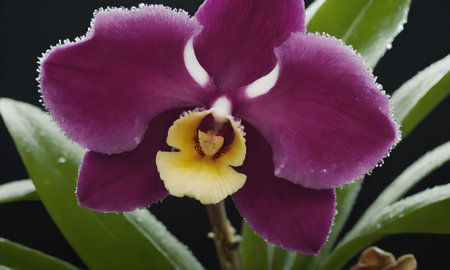 Purple orchid flower on black background close-up macro photographyの写真素材
