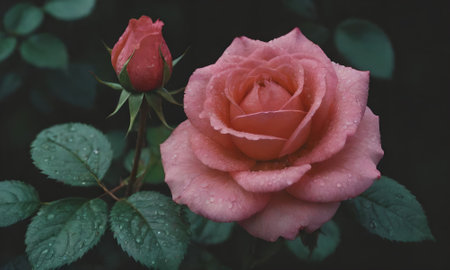 Beautiful pink rose with water drops on the petals after the rainの写真素材