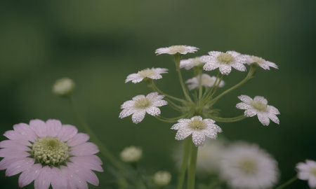 Close up of white flowers in the meadow with water dropletsの写真素材