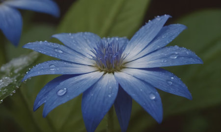Blue flower with water drops on petals, close-up.の写真素材