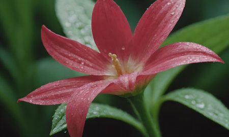 Beautiful red flower with raindrops on the petals and green leavesの写真素材