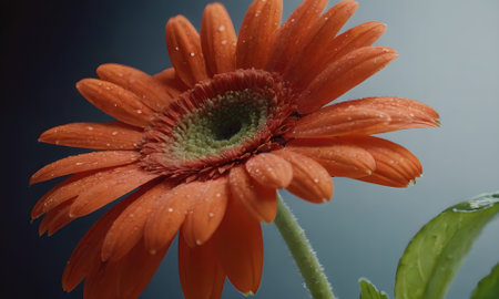 Orange gerbera flower with drops of dew on petalsの写真素材